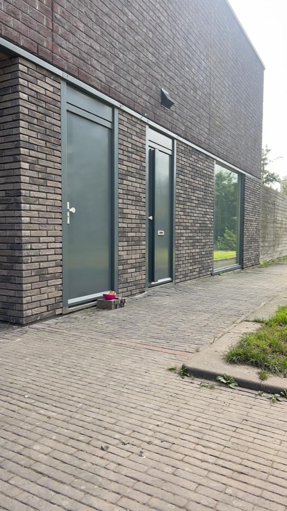 Gevel met donker gemêleerde steenstrips en een deur, gezien vanaf het trottoir